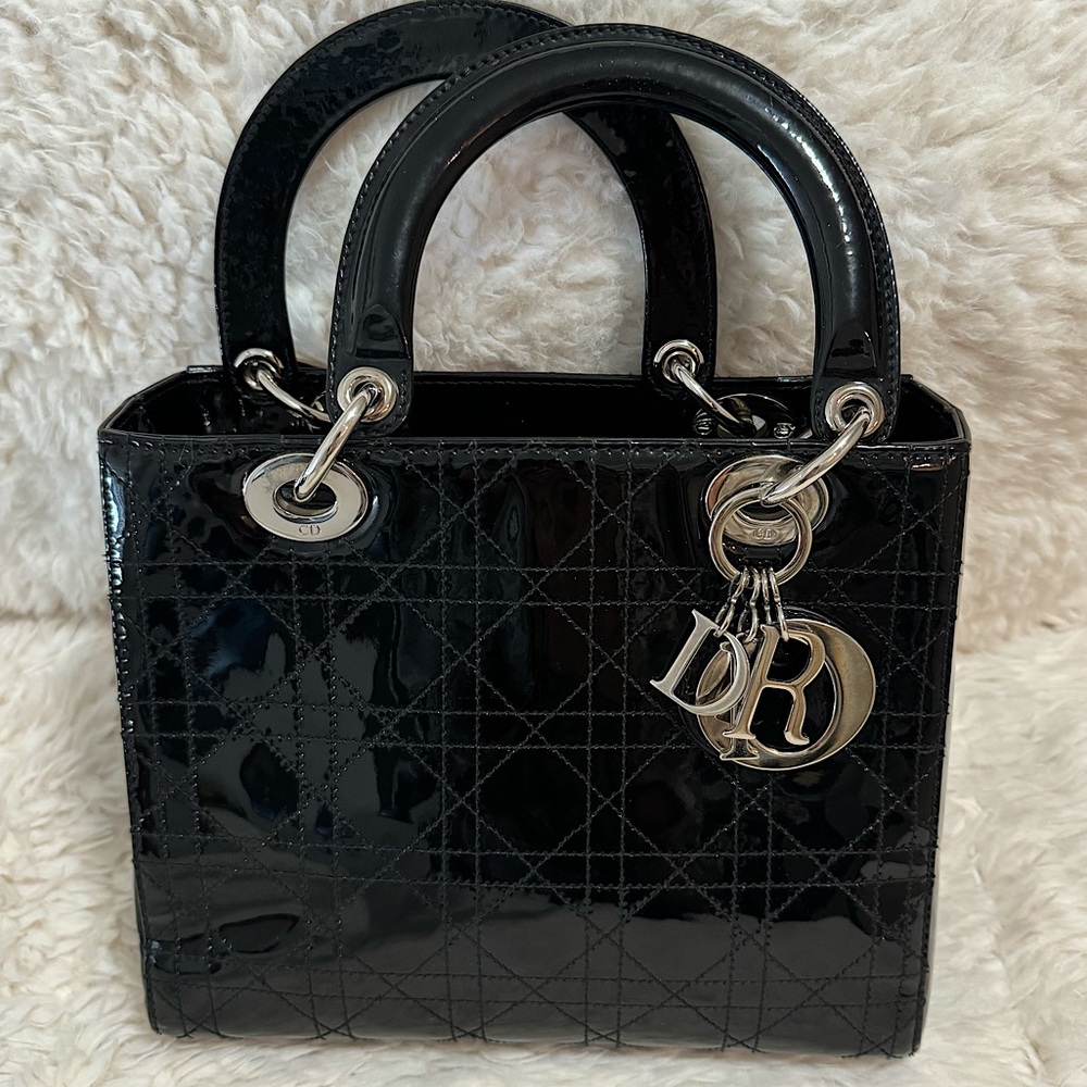 Christian Dior Black Patent Leather Lady Dior Handbag